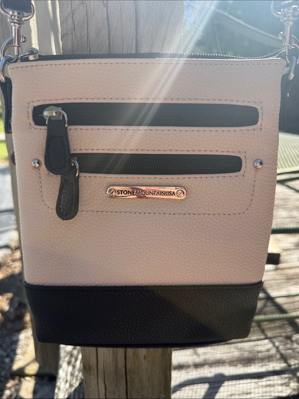 Stone Mountain Accessories Cream and Black Leather Blend Pebbled Crossbody Bag
